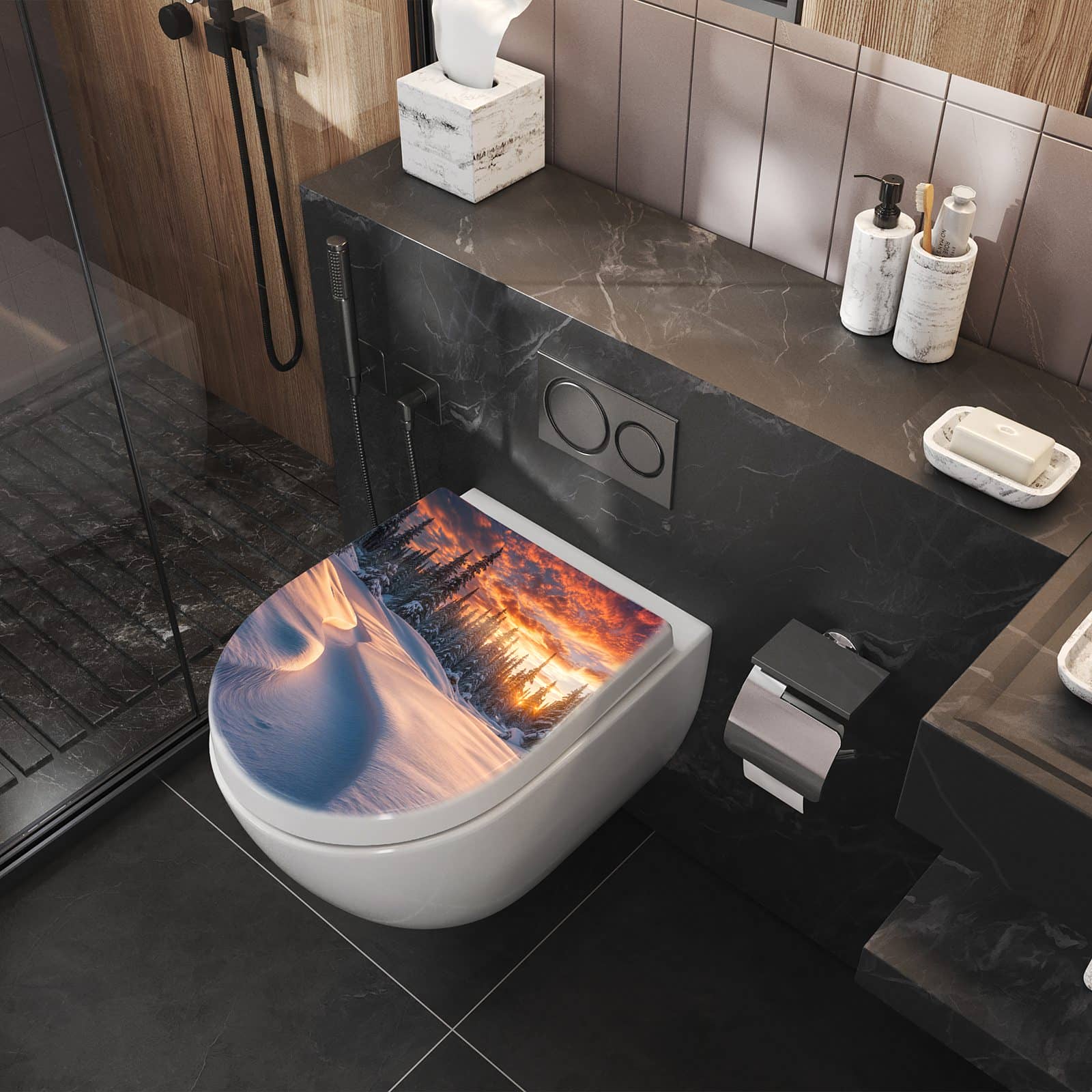 WC-Sitz mit Absenkautomatik Winterlandschaft Sonne