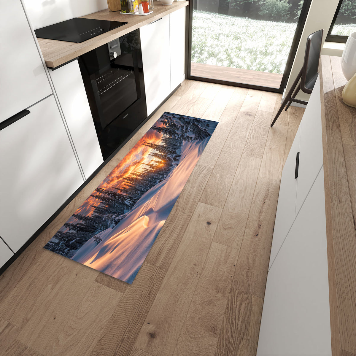 Bodenschonender Küchenteppich mit Motiv Winterlandschaft Sonne in moderner Küche