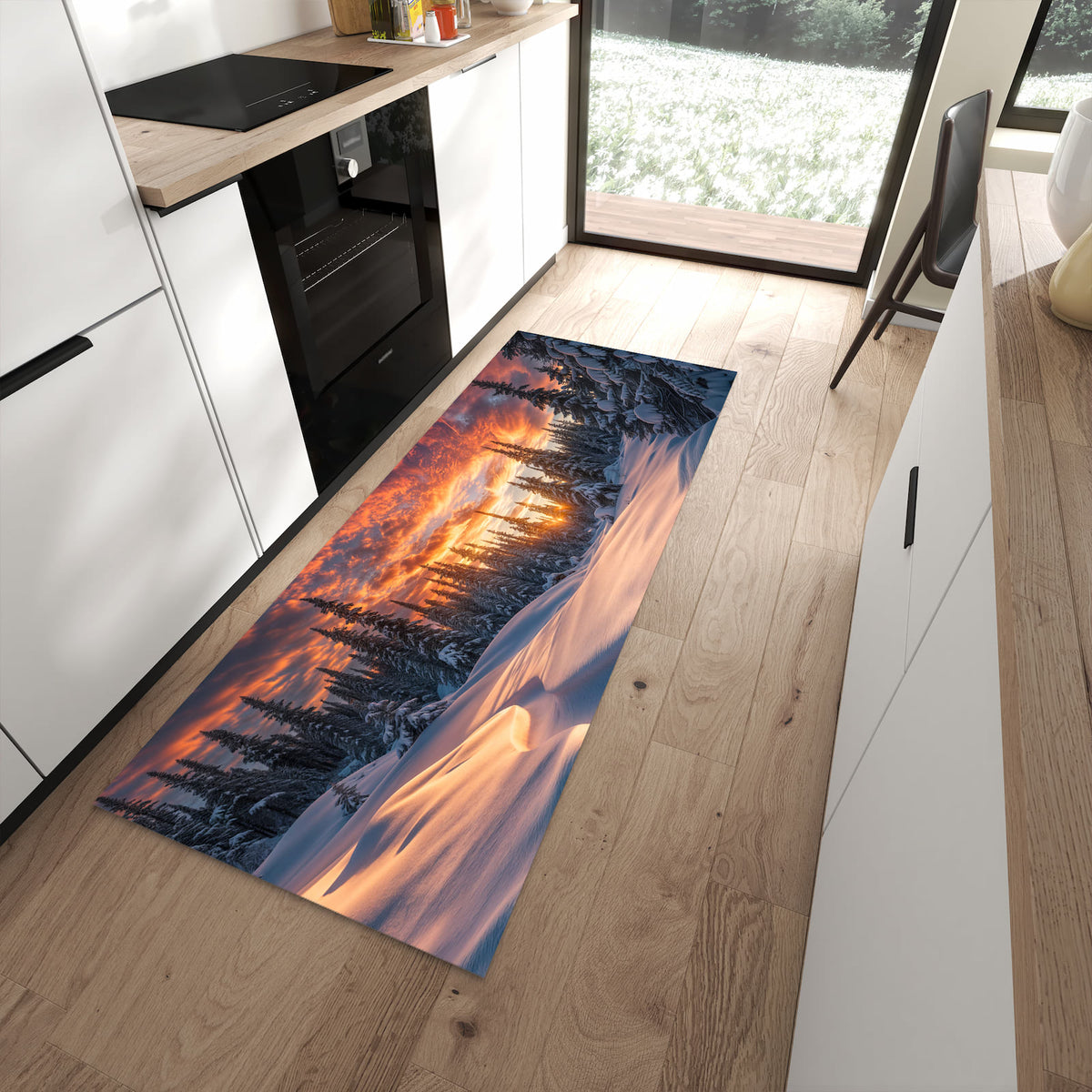 Rutschfester Küchenläufer mit Motiv Winterlandschaft Sonne für sicheren Stand in moderner Küche