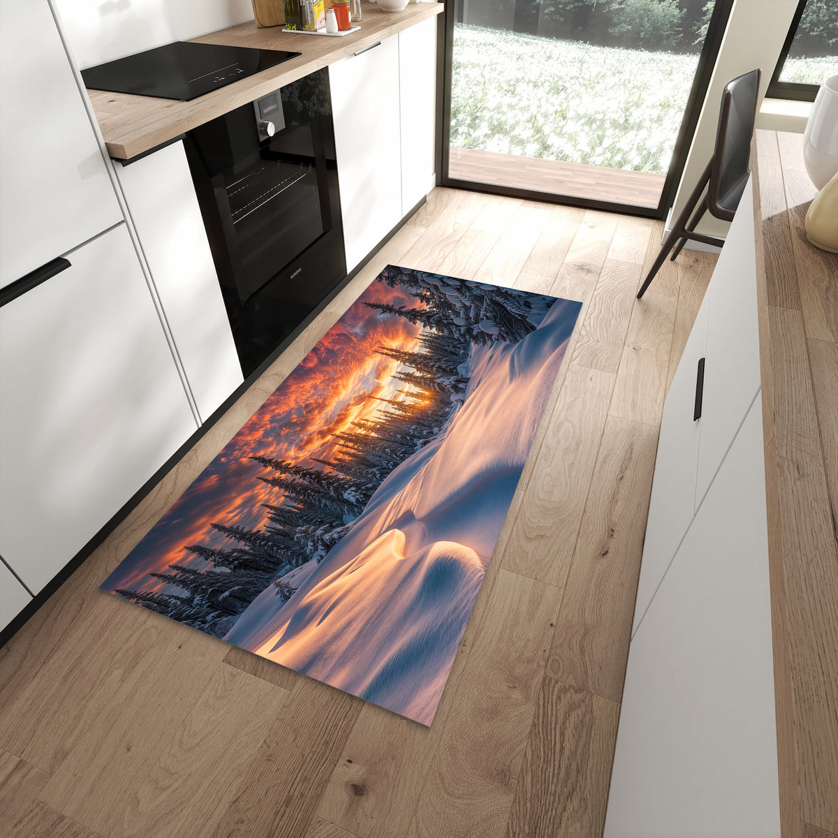 UV-beständiger Küchenläufer mit Motiv Winterlandschaft Sonne in moderner Küche
