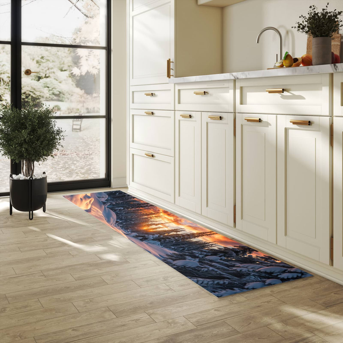 Fleckenresistenter waschbarer Läufer mit Motiv Winterlandschaft Sonne in heller Küche