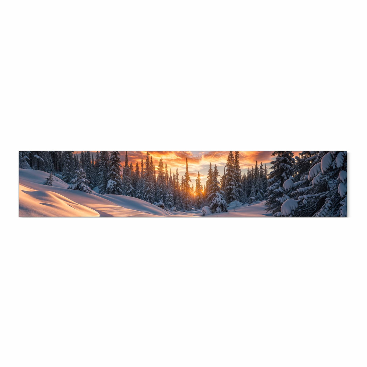 Strapazierfähiger dünner Küchenteppich mit Motiv Winterlandschaft Sonne in Frontansicht