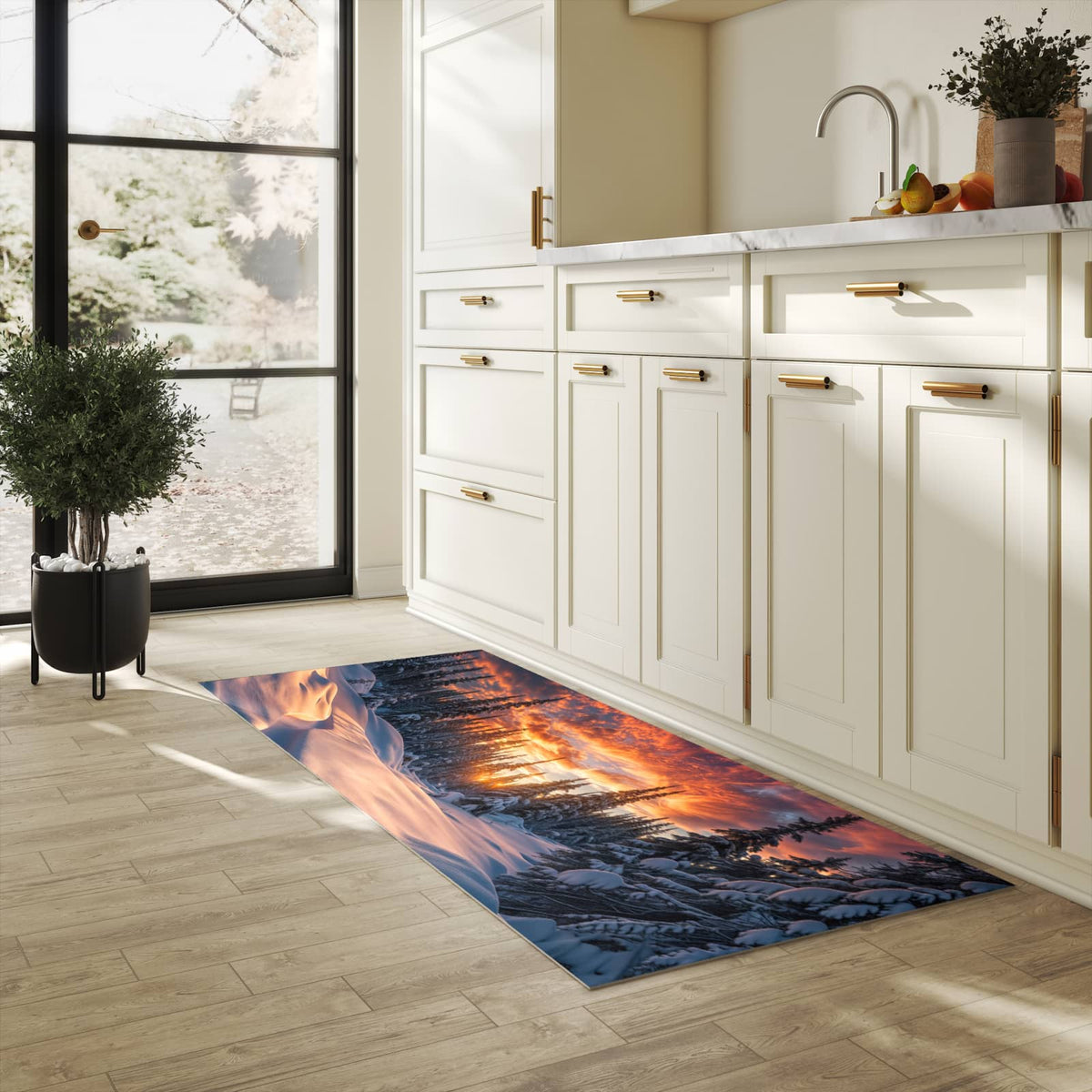 Langlebiger Läufer mit Motiv Winterlandschaft Sonne für Eingangsbereich in heller Küche