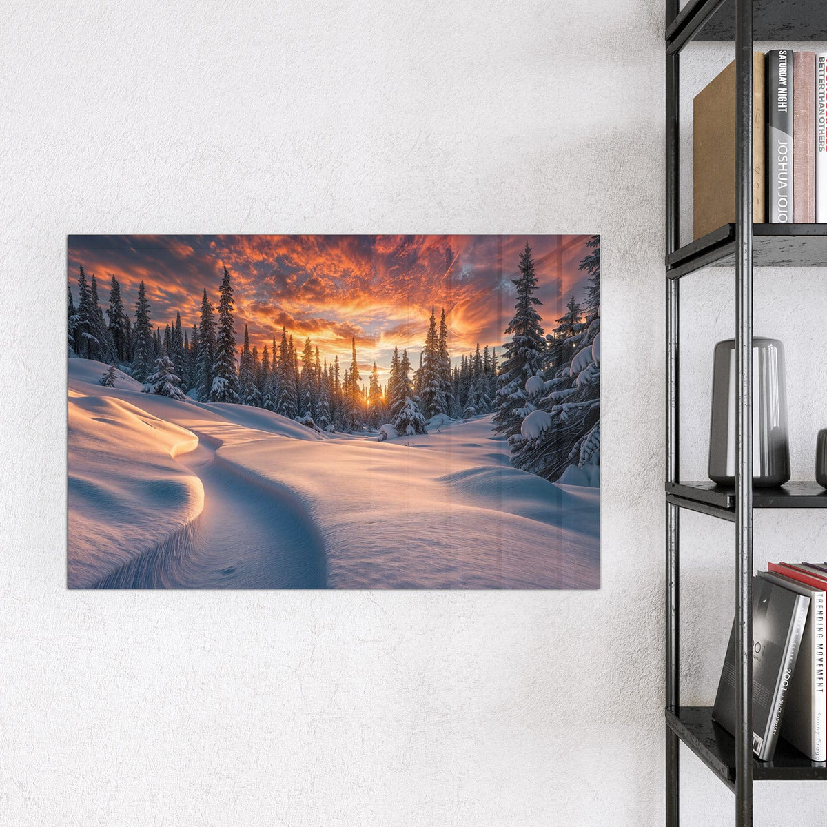 Magnettafel - Roter Himmel über Schnee – Feuerroter Wolkenhimmel über Tannen