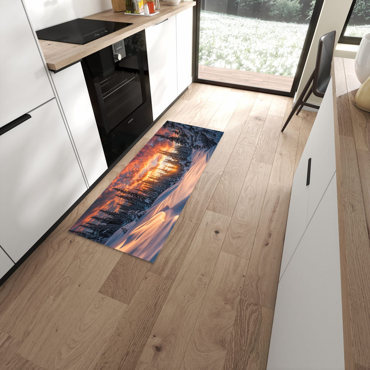 Feuchtigkeitsresistenter Küchenteppich mit Motiv Winterlandschaft Sonne in moderner Küche #grösse_60 x 150 cm