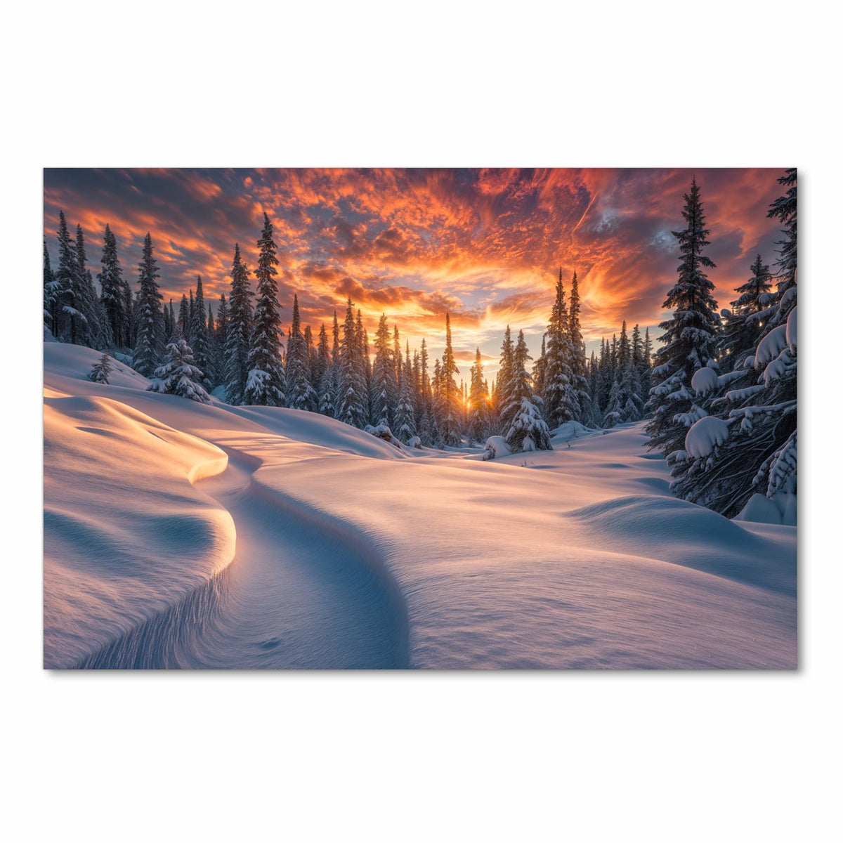 Waschbarer rutschfester Küchenteppich mit Motiv Winterlandschaft Sonne in Frontansicht