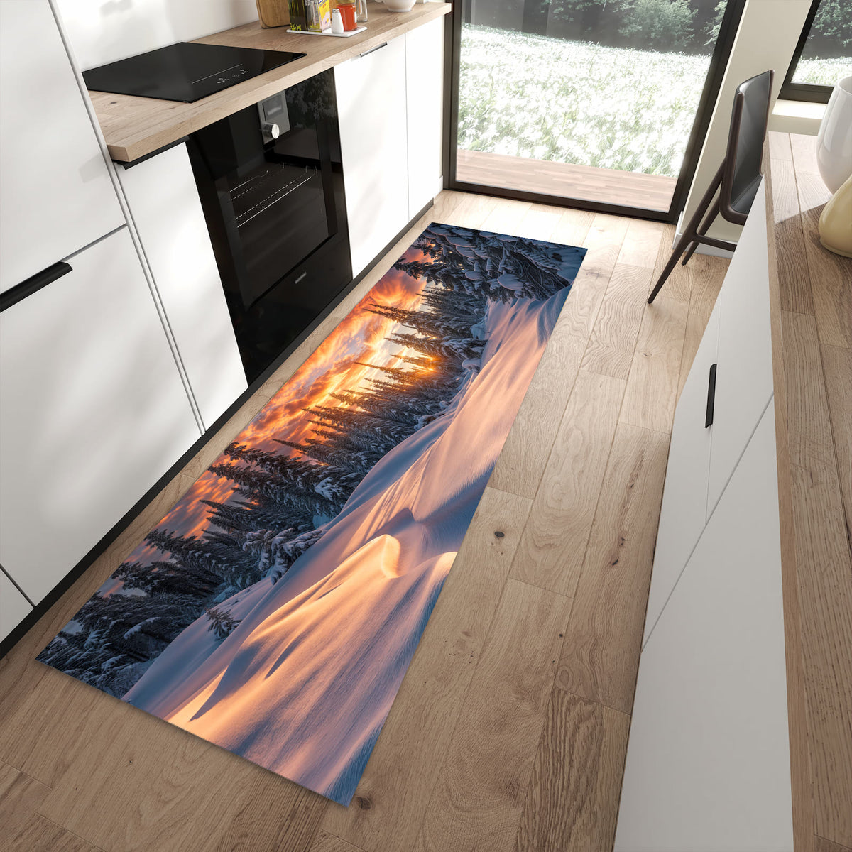 Zeitsparender rutschfester Küchenläufer mit Motiv Winterlandschaft Sonne in moderner Küche