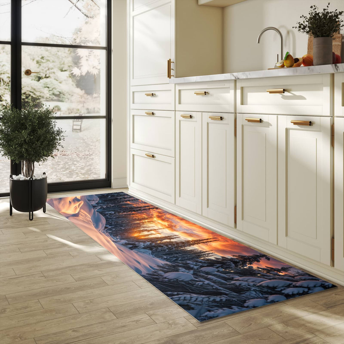 Pflegeleichter dünner Teppich mit Motiv Winterlandschaft Sonne in heller Küche