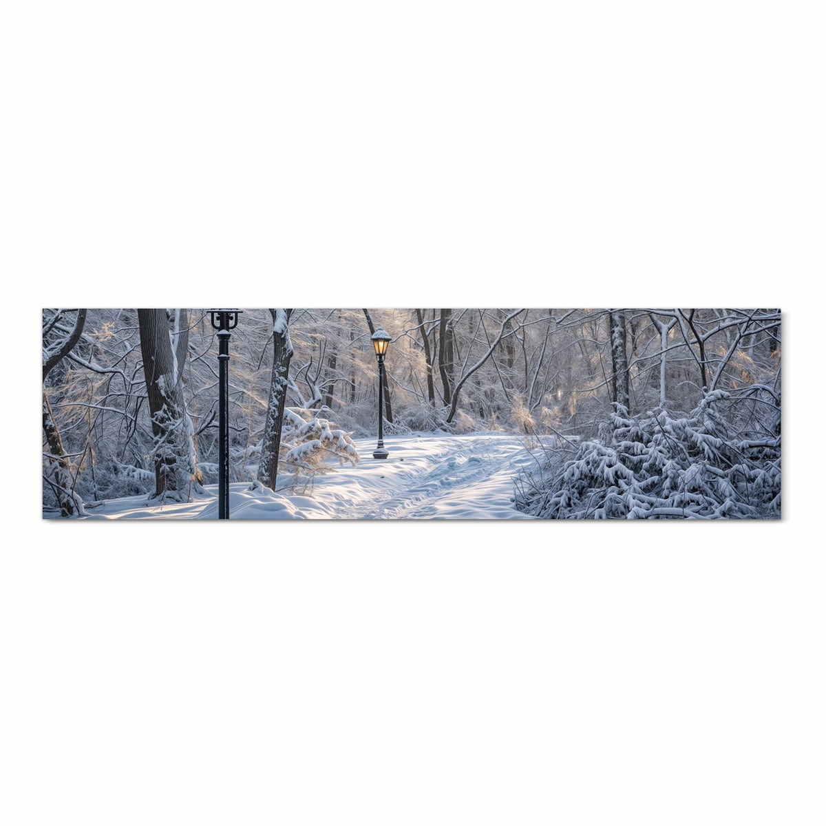 Langlebiger Küchenläufer mit Motiv Verschneiter Waldweg in Frontansicht