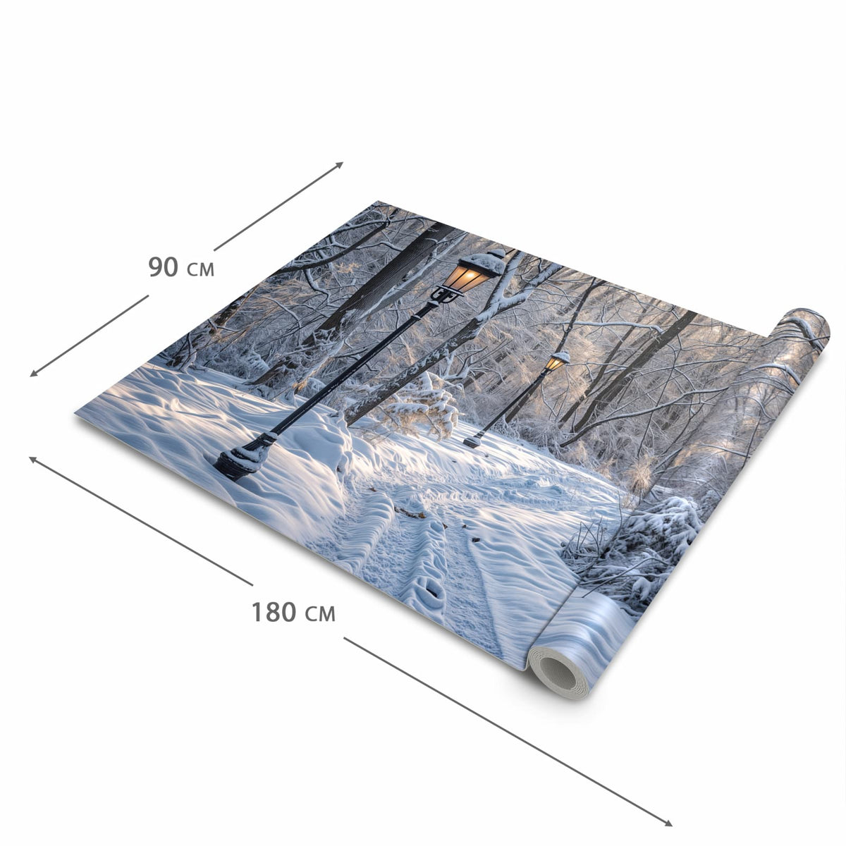 Rutschhemmender dünner Teppich mit Motiv Verschneiter Waldweg in der Grösse 80x250 cm