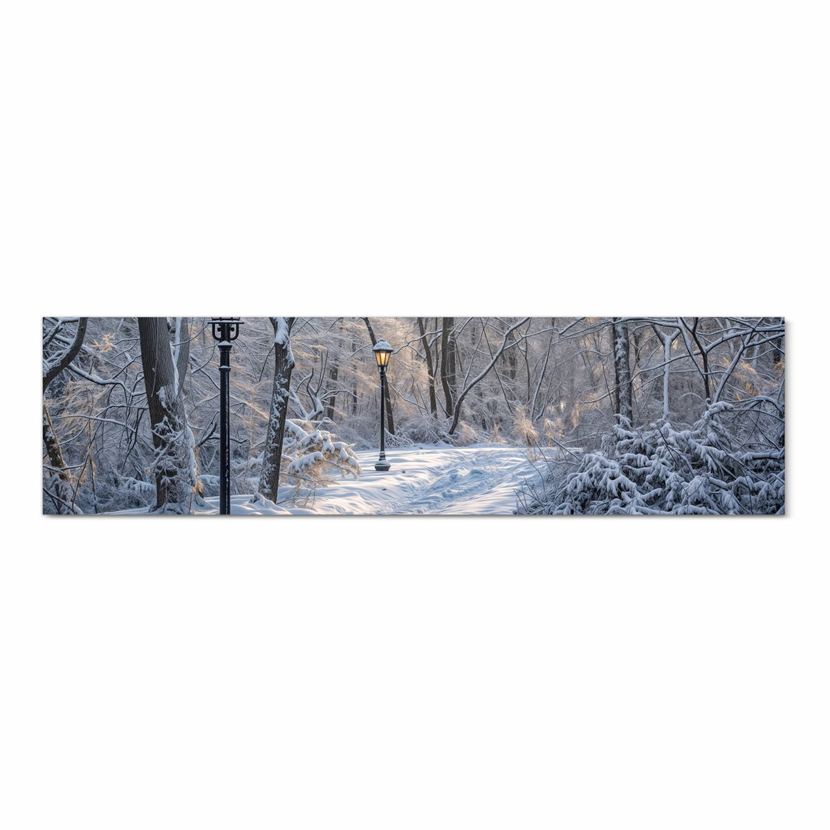Flacher Küchenläufer mit Motiv Verschneiter Waldweg in Frontansicht für die Küche