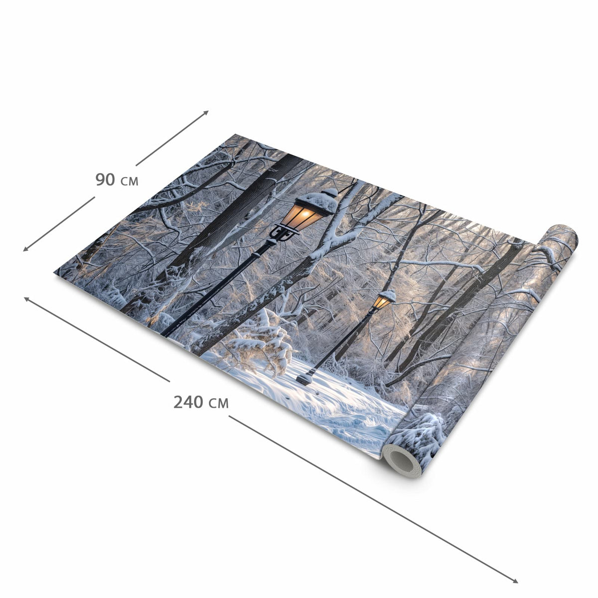 Rutschfester dünner Teppich mit Motiv Verschneiter Waldweg in der Grösse 80x250 cm, einfach zu reinigen