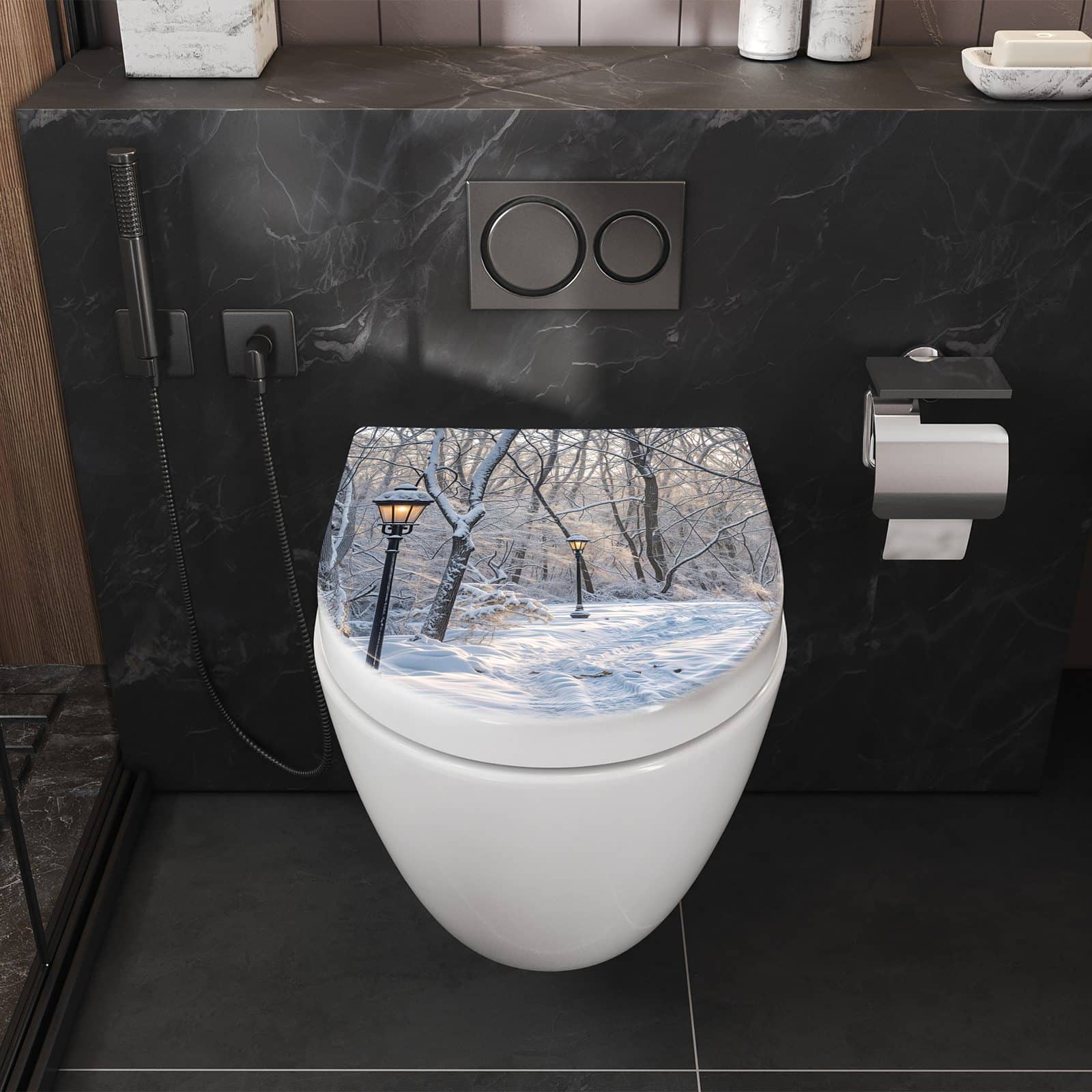 WC-Sitz mit Absenkautomatik Verschneiter Waldweg