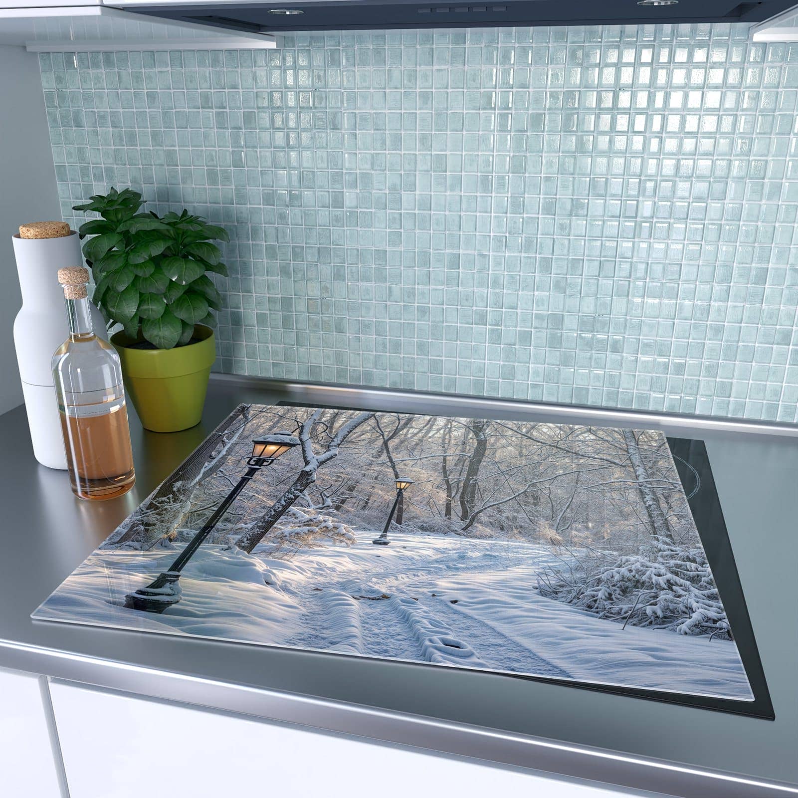1-teilige Glasplatte für Herd mit Verschneiter Waldweg-Motiv auf dem Ceranfeld