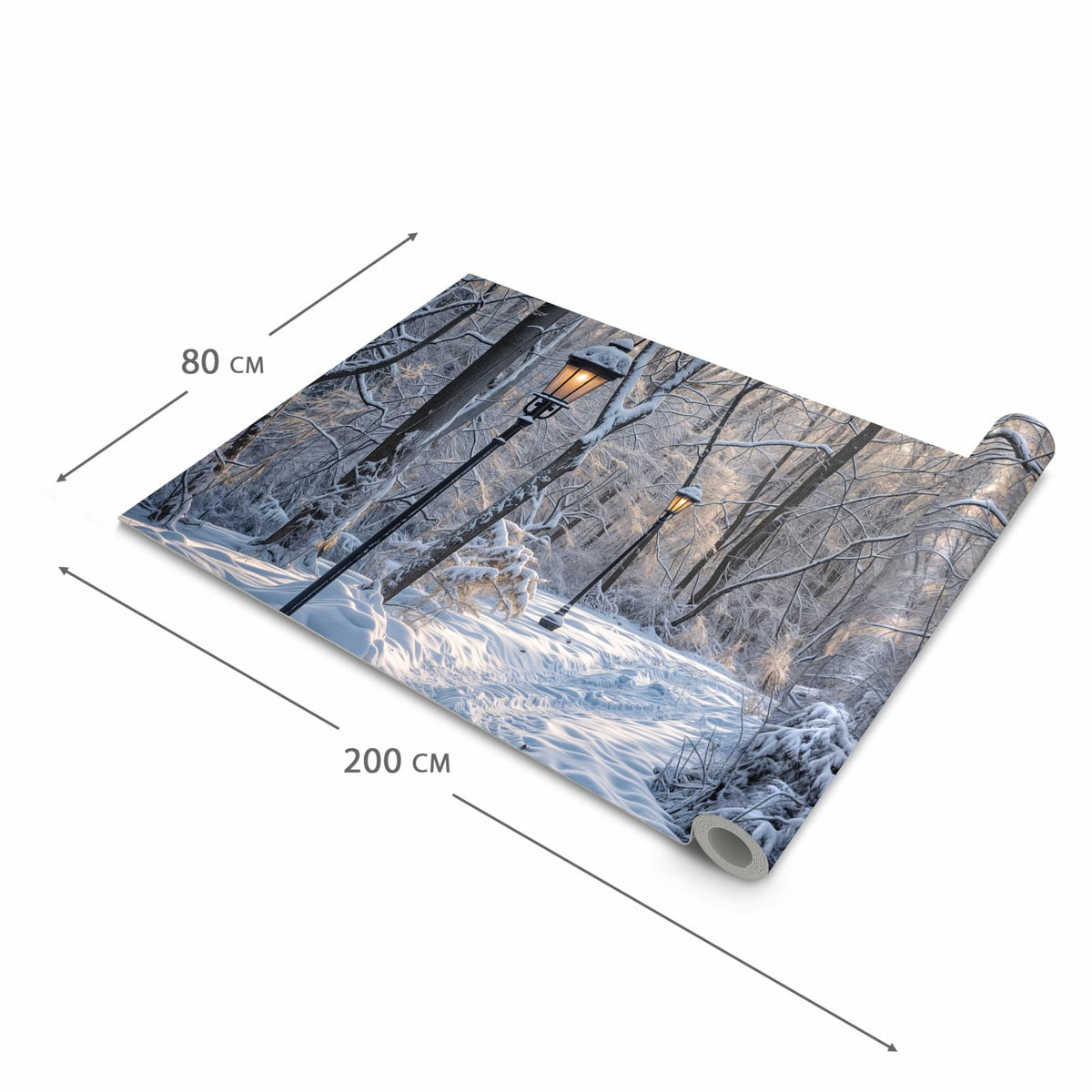 Langlebiger waschbarer Küchenläufer mit Motiv Verschneiter Waldweg in der Größe 80x250 cm