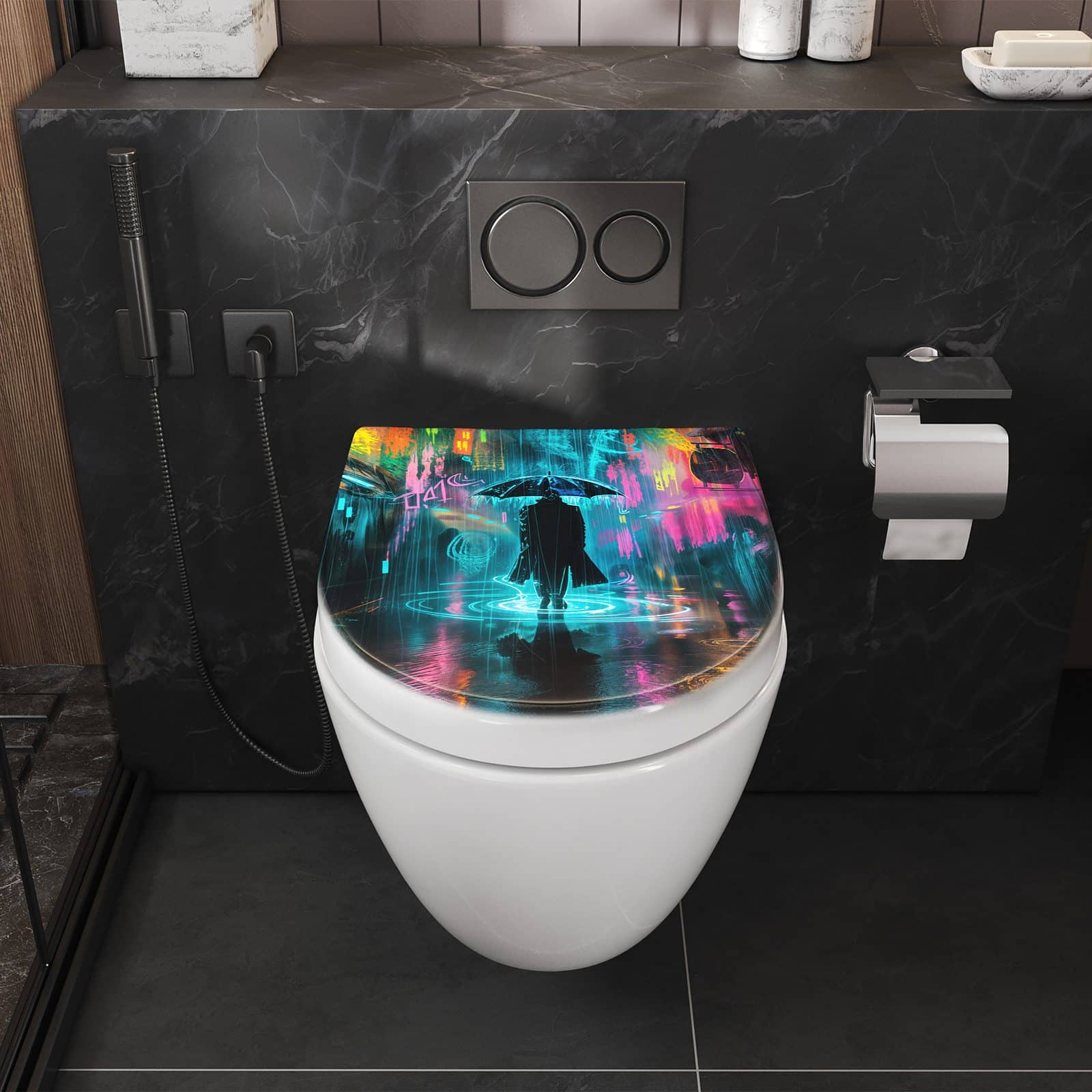 WC-Sitz mit Absenkautomatik Regen bei Nacht