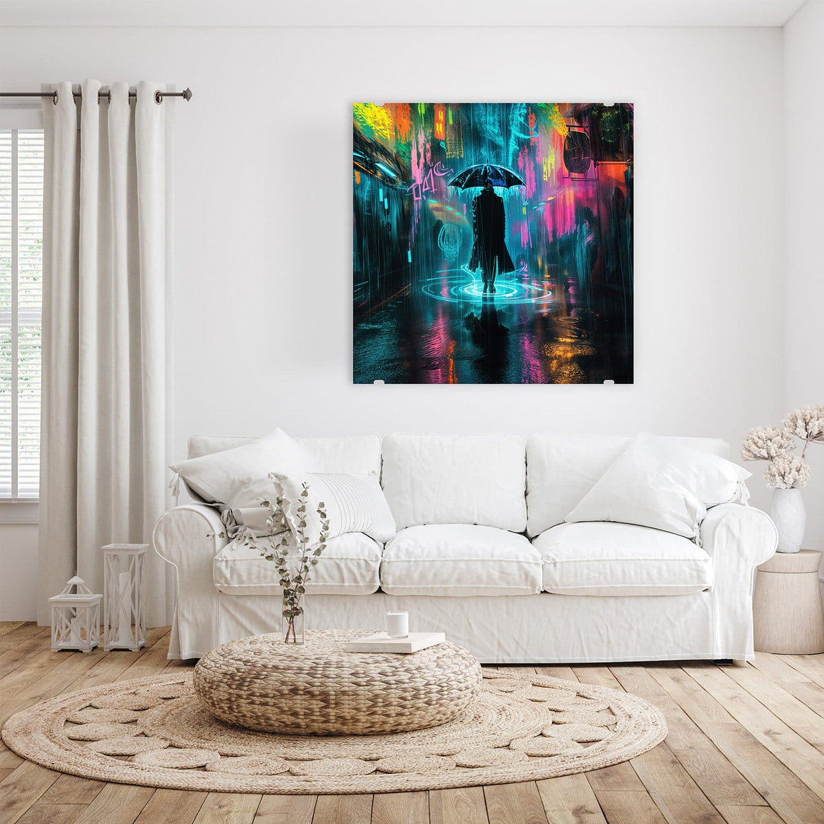 Glasbild Regen bei Nacht an der Wand – Silhouette mit Schirm im Regen vor Neonlichtern und nassem Asphalt