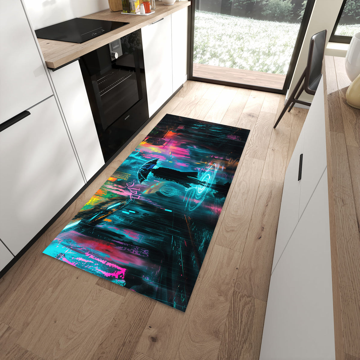 UV-beständiger Teppich für Küche mit Motiv Regen bei Nacht in moderner Küche
