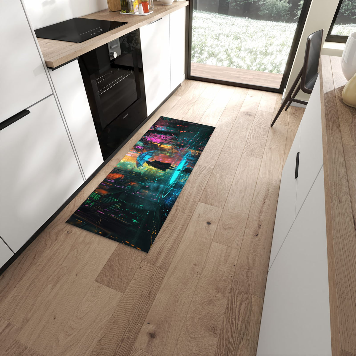 Geruchsneutraler rutschfester Küchenteppich mit Motiv Regen Stadt Lichter in moderner Küche #grösse_60 x 150 cm