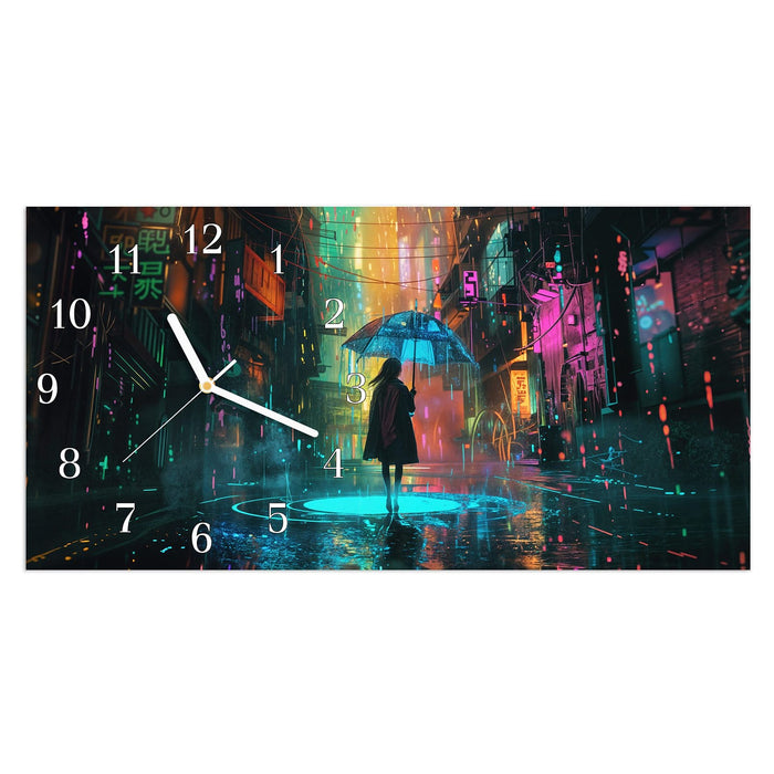 Wanduhr Regen Stadt Lichter aus Glas – Querformat 60 × 30 cm mit Ziffernblatt Klassisch