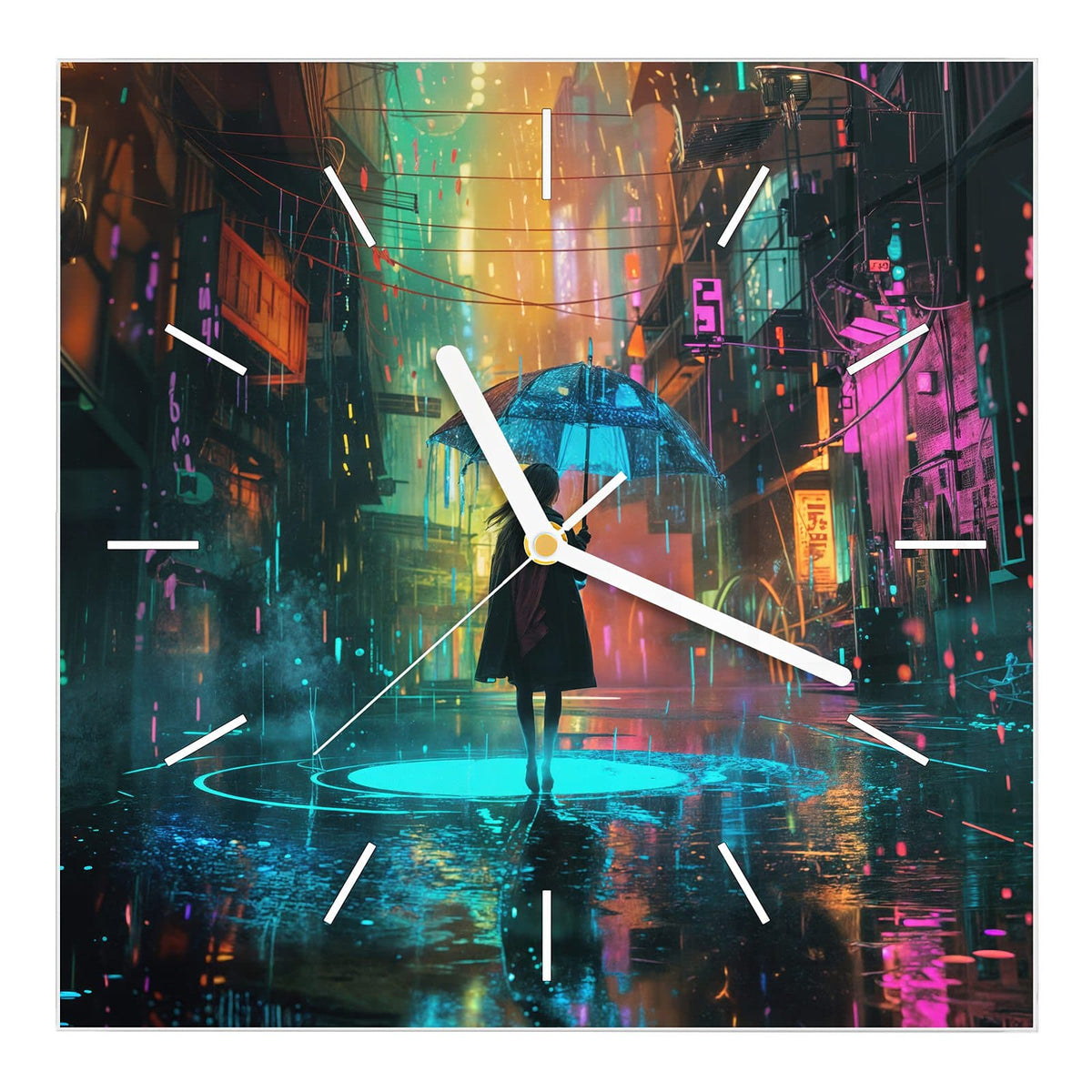 Wanduhr aus Glas, Ziffernblatt Linie: Regennasse Gasse bei Nacht, Frau von hinten mit Schirm, pinke und türkise Neonreflexe