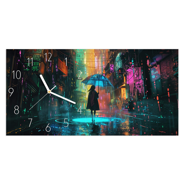 Wanduhr Regen Stadt Lichter aus Glas – Querformat 60 × 30 cm mit Ziffernblatt Elegant