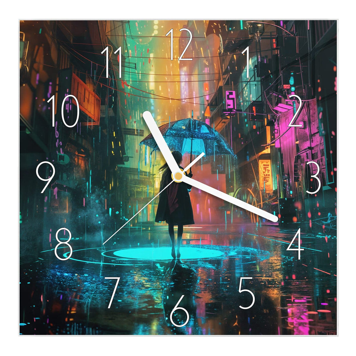 Wanduhr aus Glas, Ziffernblatt Elegant: Regennasse Gasse bei Nacht, Frau von hinten mit Schirm, pinke und türkise Neonreflexe #ziffernblatt_Elegant