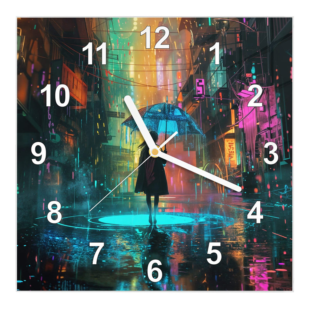 Wanduhr aus Glas, Ziffernblatt Modern: Regennasse Gasse bei Nacht, Frau von hinten mit Schirm, pinke und türkise Neonreflexe #ziffernblatt_Modern