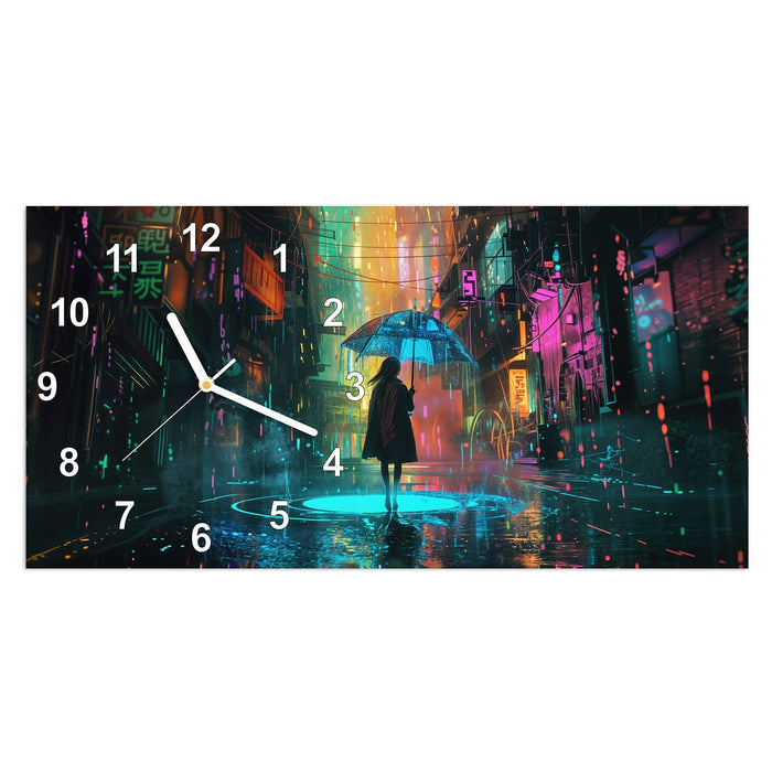 Wanduhr Regen Stadt Lichter aus Glas – Querformat 60 × 30 cm mit Ziffernblatt Modern