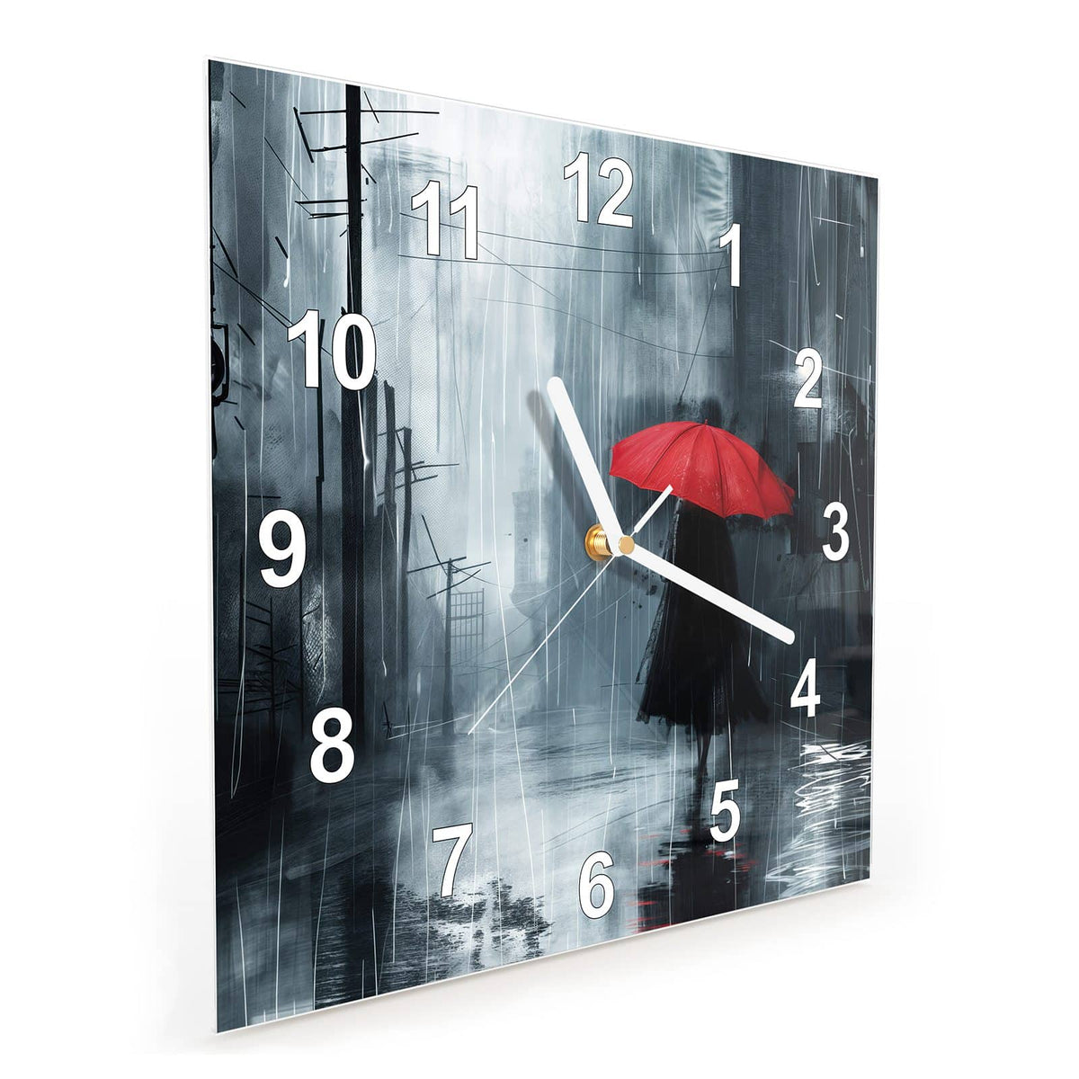 Quadratische Wanduhr aus Glas Roter Schirm im Regen schräg von der Seite, 4 mm starkes Glas