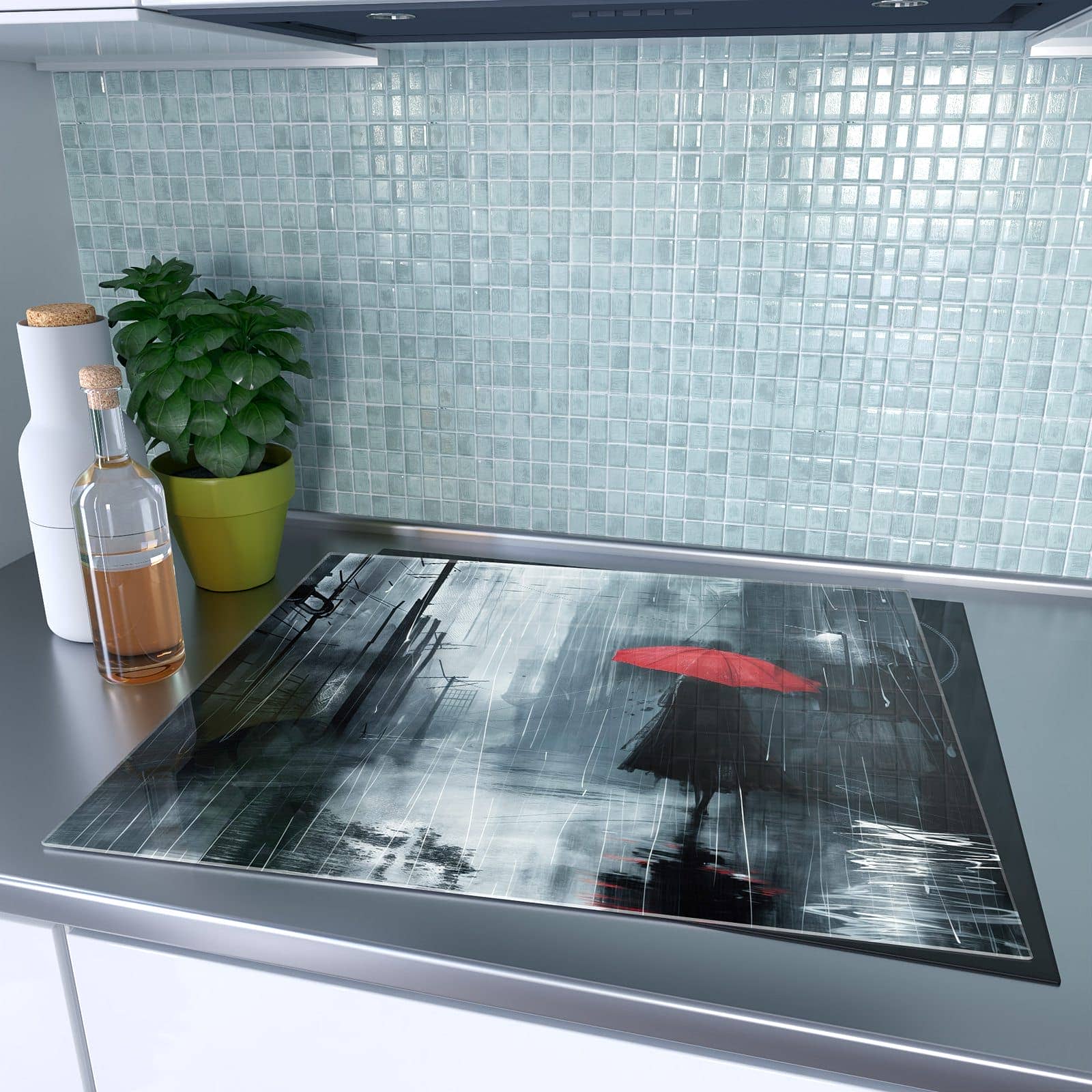 1-teilige Herdabdeckplatte aus Glas mit Regenschirm im Regen-Motiv auf dem Ceranfeld