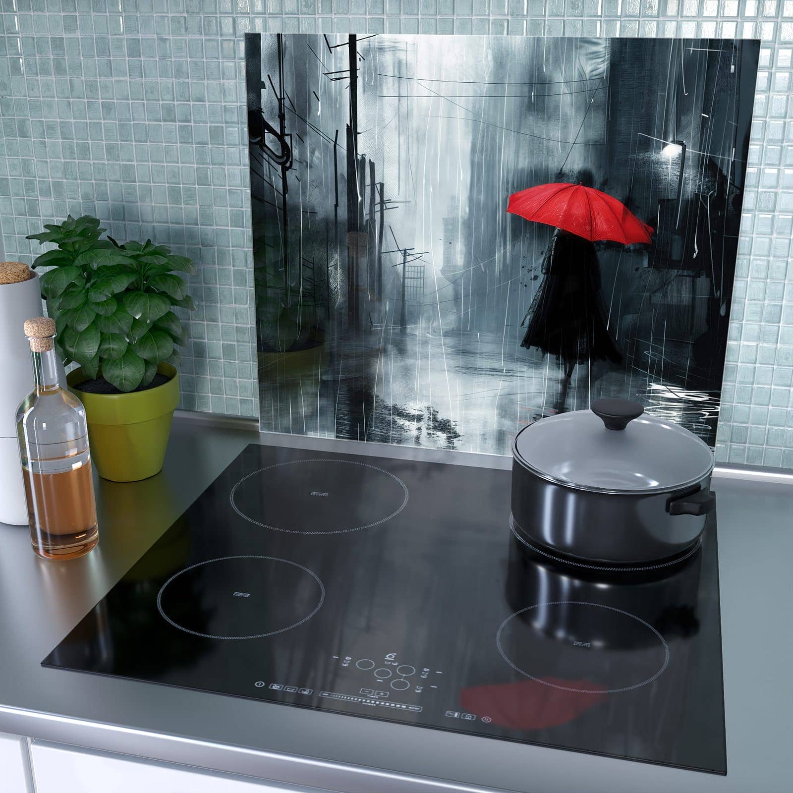 1-teilige Ceranfeld Abdeckplatten mit Regenschirm im Regen-Motiv als Spritzschutz hinter dem Kochfeld