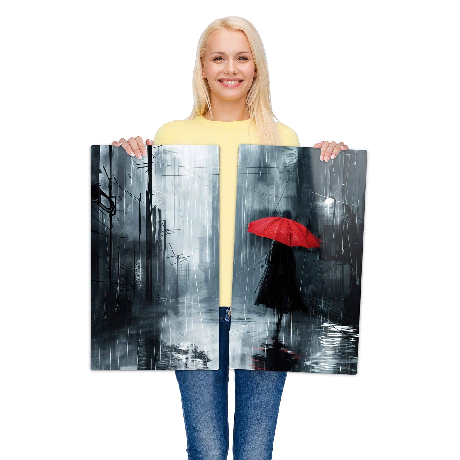 2-teilige Ceranfeld-Abdeckungen mit Regenschirm im Regen-Motiv werden zur Größendarstellung gehalten