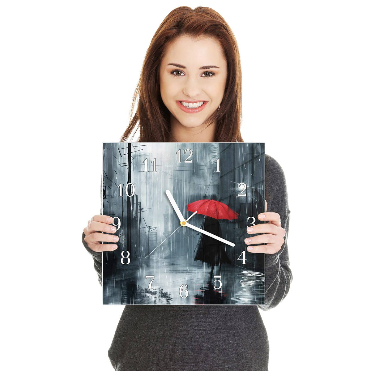 Quadratische Wanduhr aus Glas Roter Schirm im Regen in zwei Händen gehalten – Größenvergleich, 30 × 30 cm
