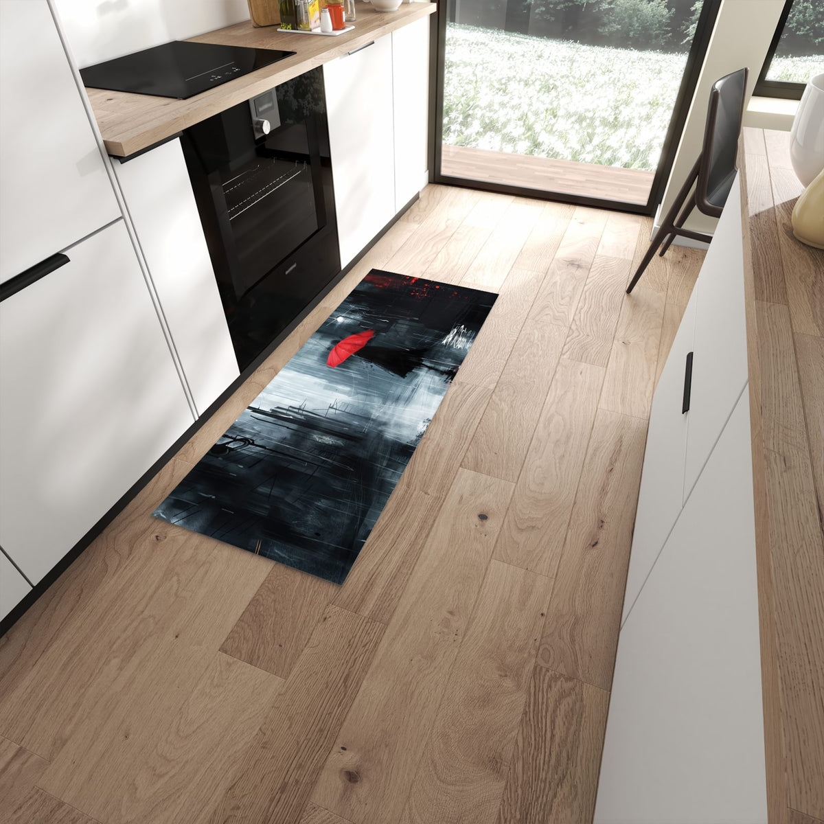 Küchenläufer mit Motiv Regenschirm im Regen für Ordnung im Eingangsbereich moderner Küche #grösse_60 x 150 cm