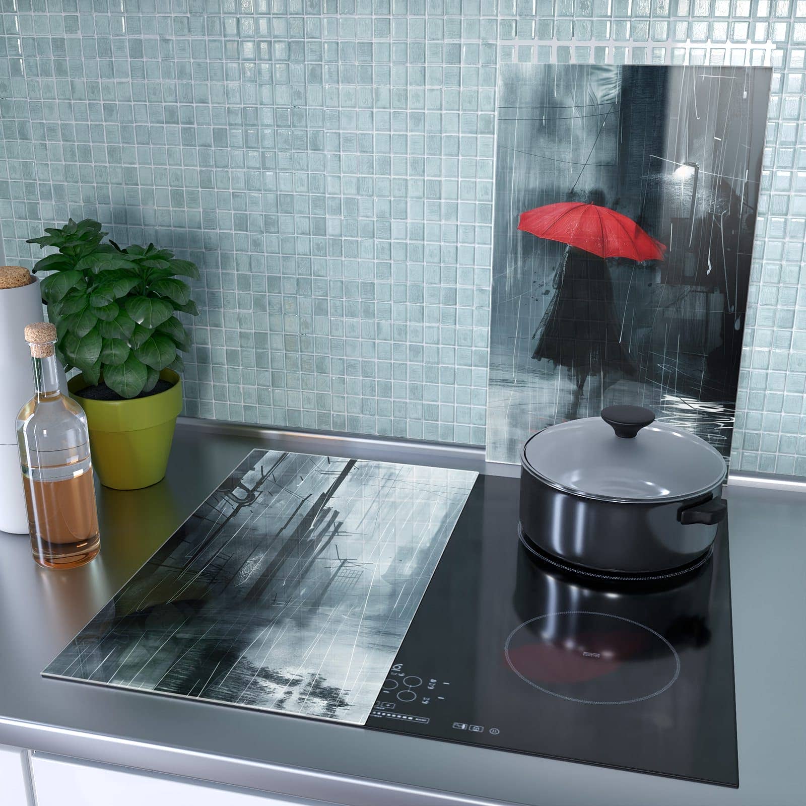2-teilige Herdabdeckplatte mit Regenschirm im Regen-Motiv als Spritzschutz hinter dem Kochfeld