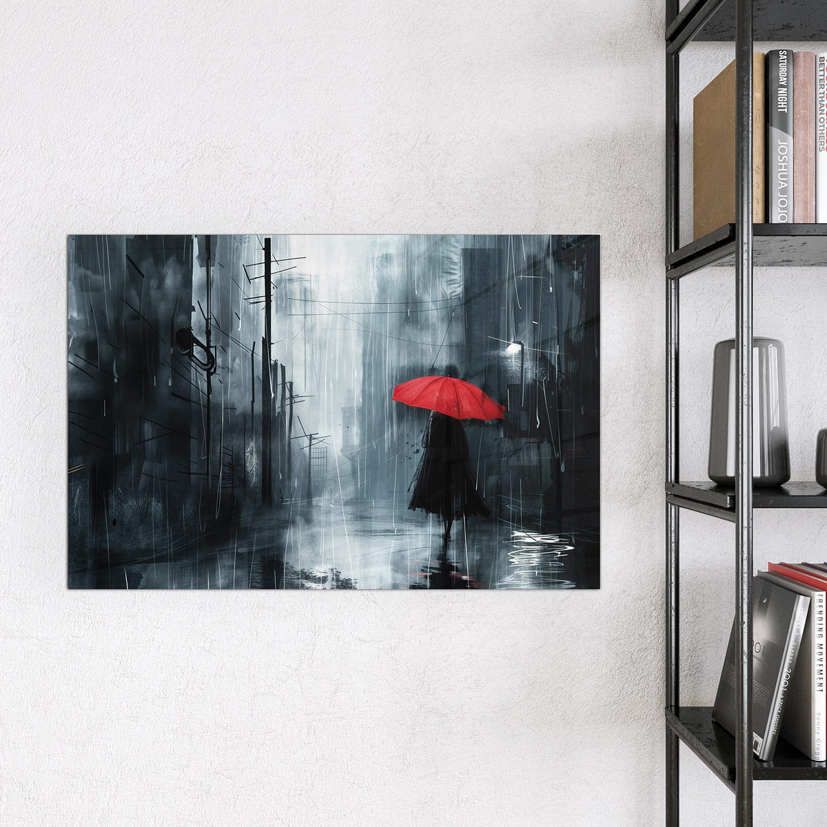 Magnettafel - Roter Schirm im Regen – Leuchtend roter Schirm im Grau