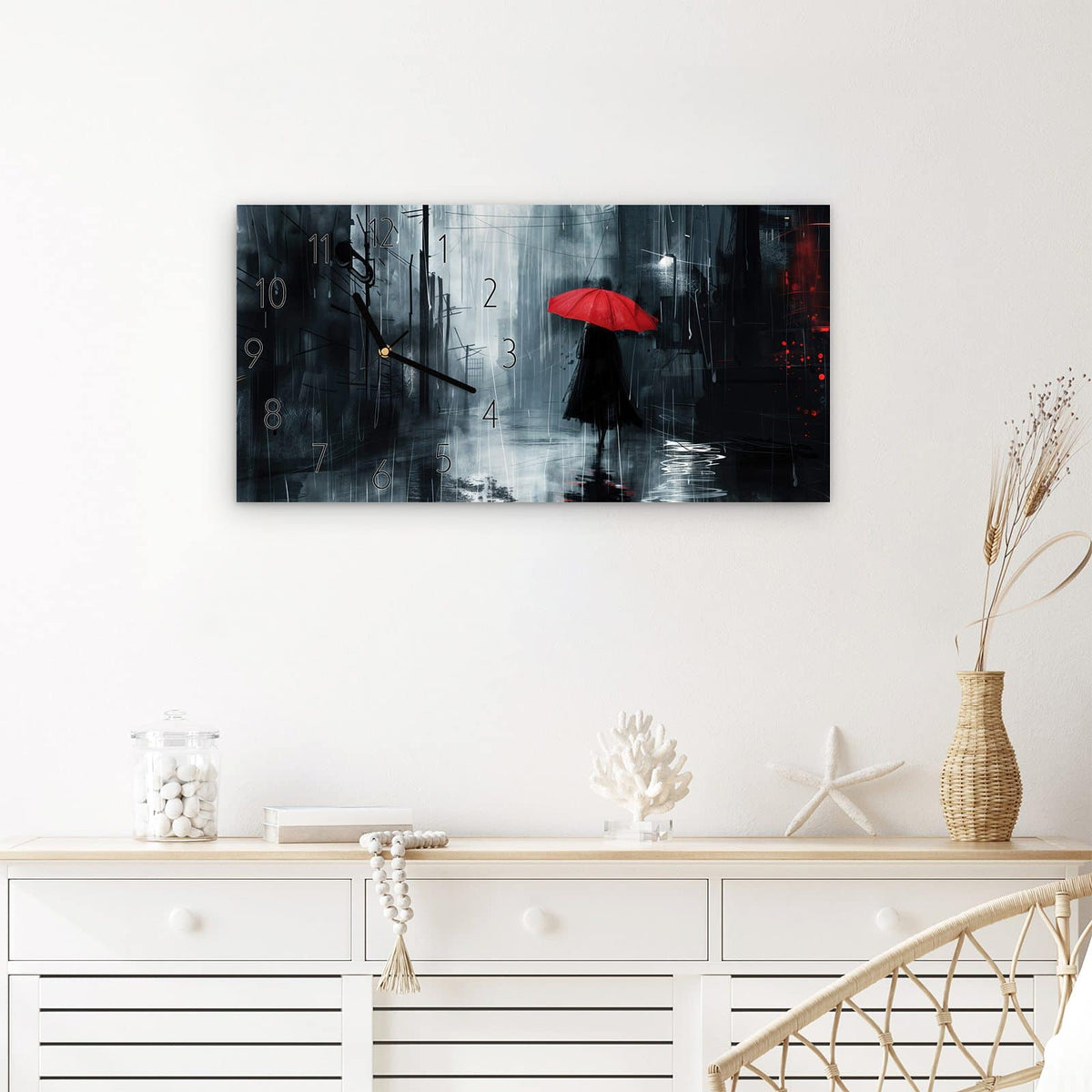 Wanduhr Regenschirm im Regen aus Glas – Querformat 60 × 30 cm – Leuchtend roter Schirm im Grau