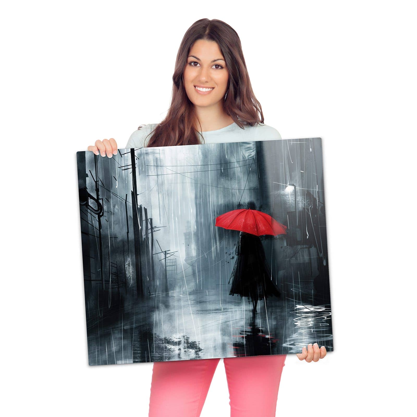 Abdeckplatten für den Herd mit Regenschirm im Regen-Motiv wird zur Größendarstellung gehalten