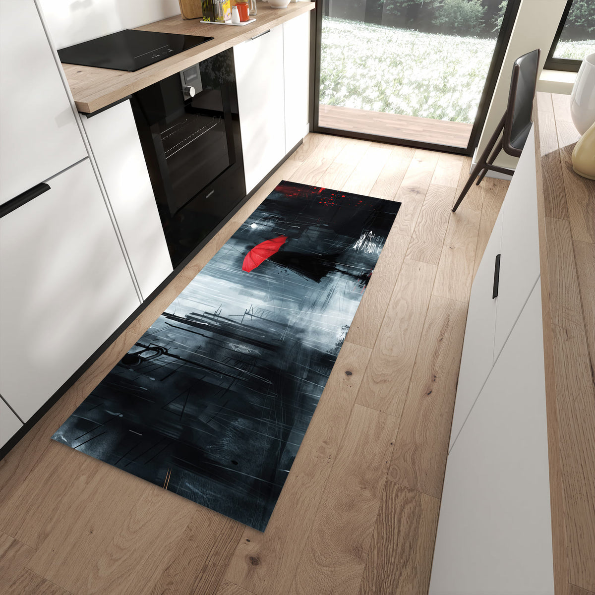 Geräuschdämpfender Teppich für Esstisch mit Motiv Regenschirm im Regen in moderner Küche
