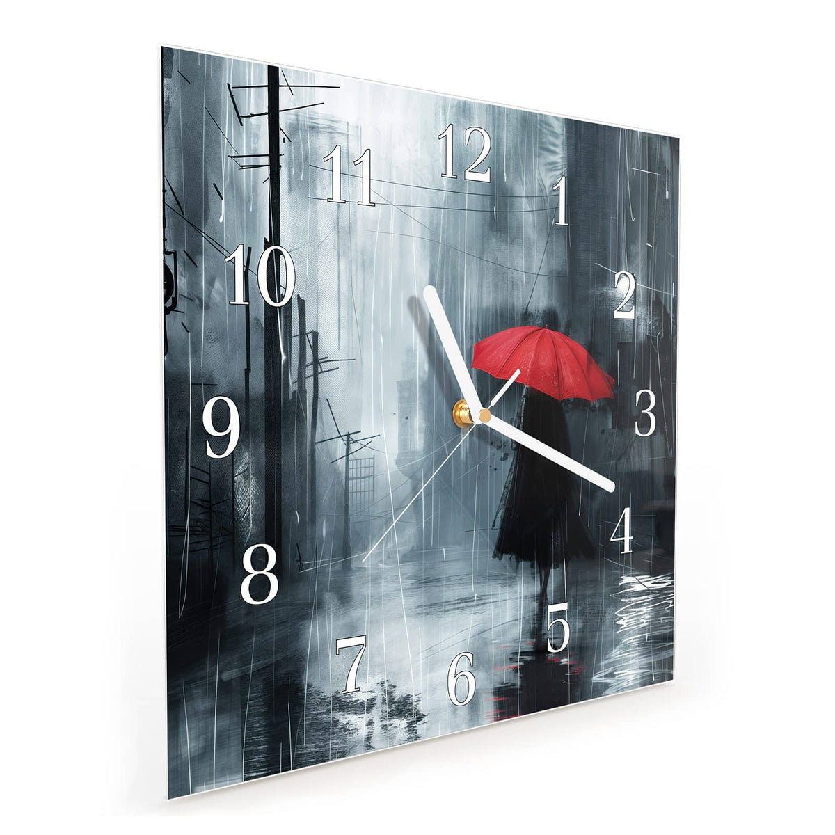 Quadratische Wanduhr aus Glas Roter Schirm im Regen schräg von der Seite, 4 mm starkes Glas