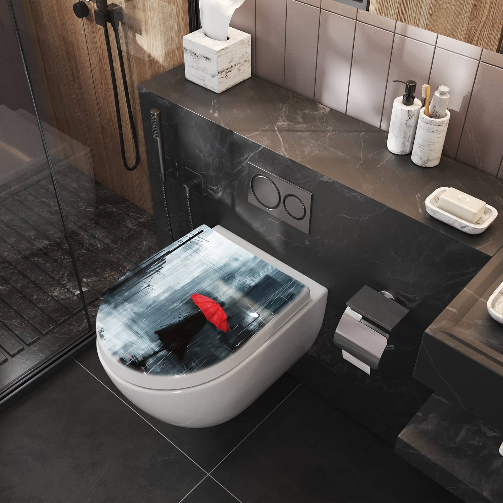 WC-Sitz mit Absenkautomatik Regenschirm im Regen