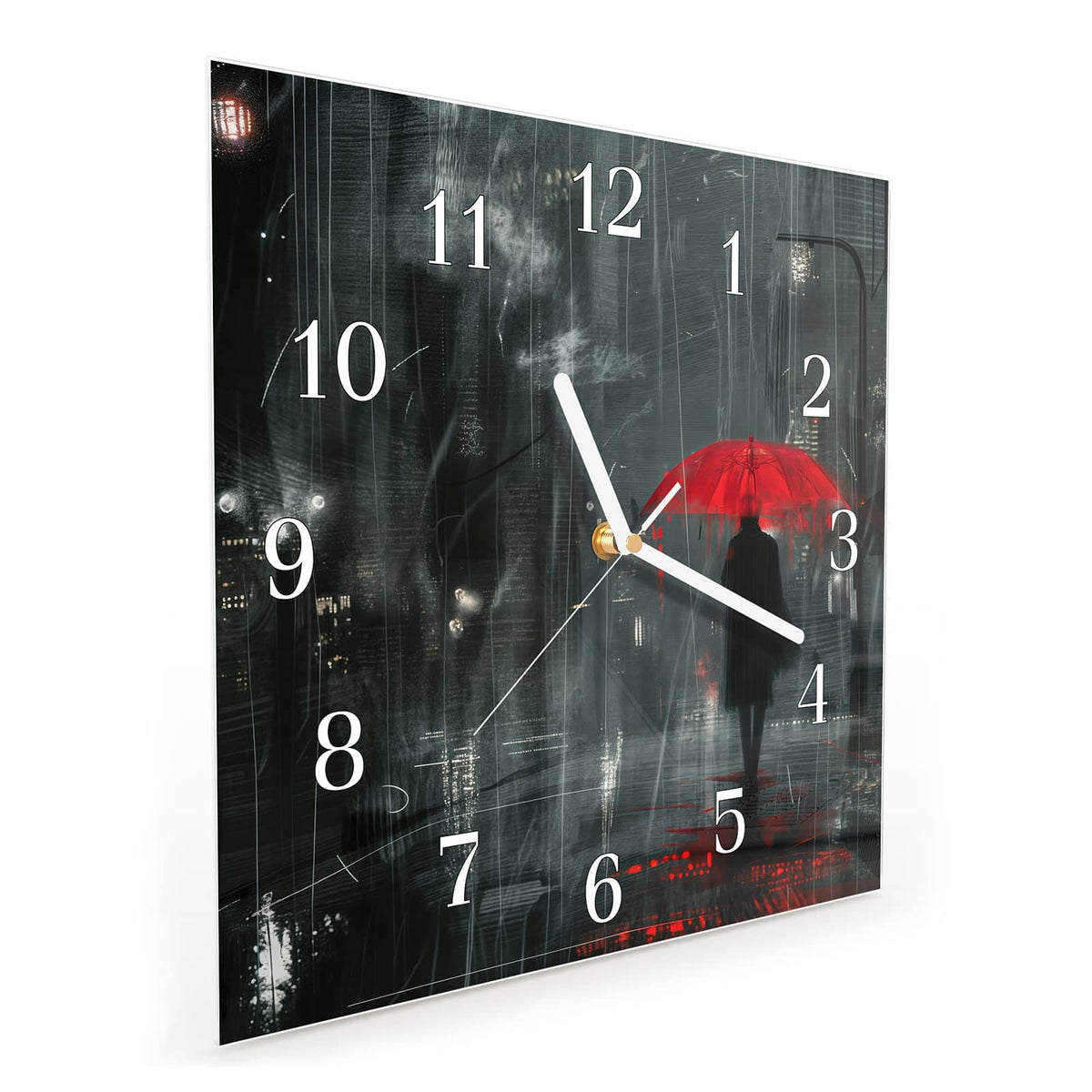 Quadratische Wanduhr aus Glas Roter Schirm bei Nacht schräg von der Seite, 4 mm starkes Glas