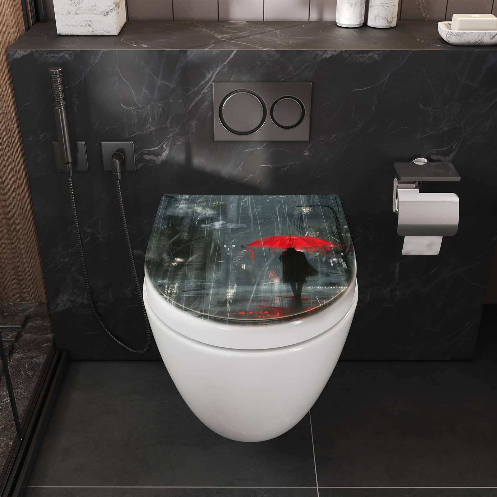 WC-Sitz mit Absenkautomatik Regenroter Schirm