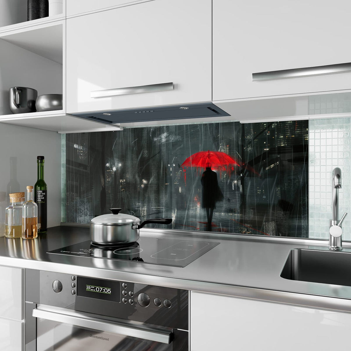 Küchenrückwand aus Glas Roter Schirm bei Nacht im Hochformat als Spritzschutz hinter dem Kochfeld, über dem Fliesenspiegel montiert