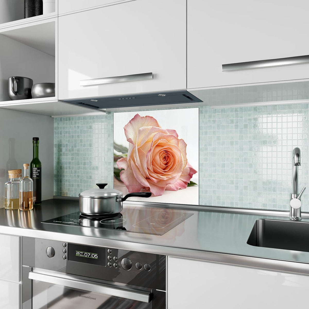 Küchenrückwand Rose in Apricot aus Glas – Apricotfarbene Rose mit rosa Rand