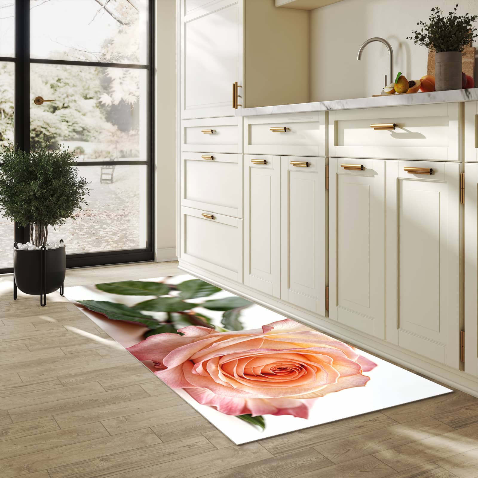 Rutschfester Küchenteppich mit Motiv Elegante Rose Blüte in heller Küche