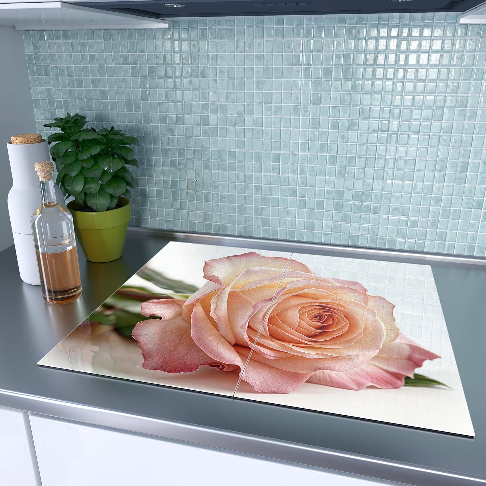 2-teilige Herdabdeckplatten aus Glas mit Elegante Rose Blüte-Motiv auf dem Ceranfeld