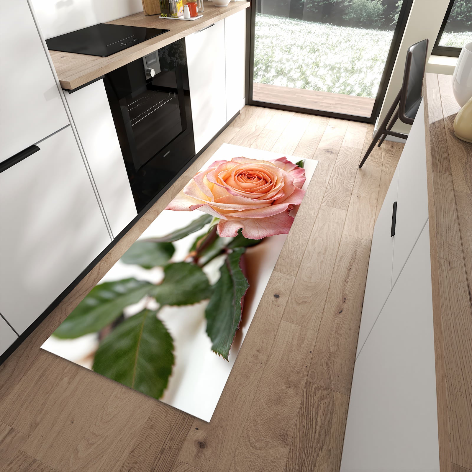 UV-beständiger Küchenteppich mit Motiv Elegante Rose Blüte in moderner Küche