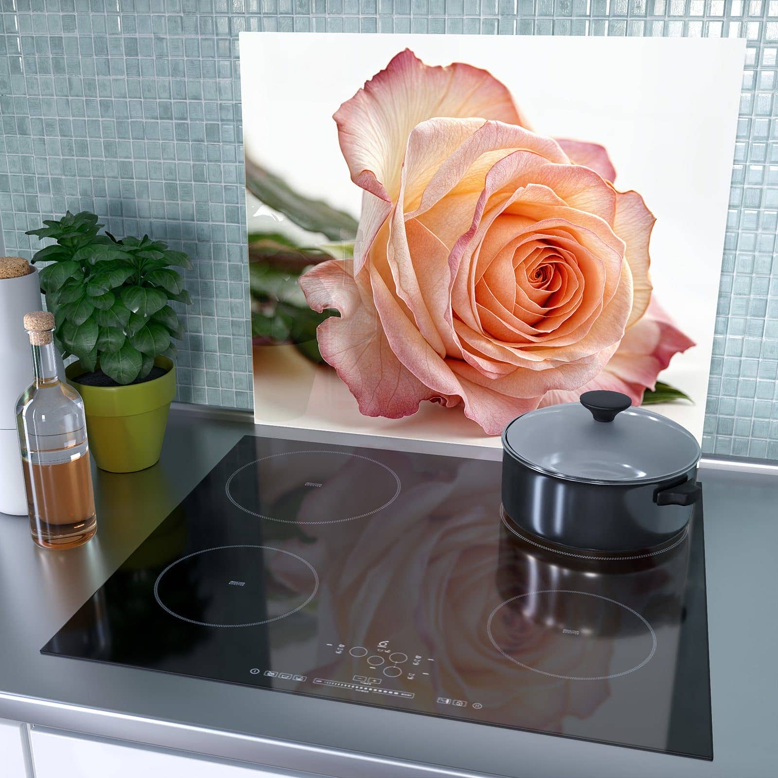 1-teilige Herdabdeckplatten für Ceranfeld mit Elegante Rose Blüte-Motiv als Spritzschutz hinter dem Kochfeld